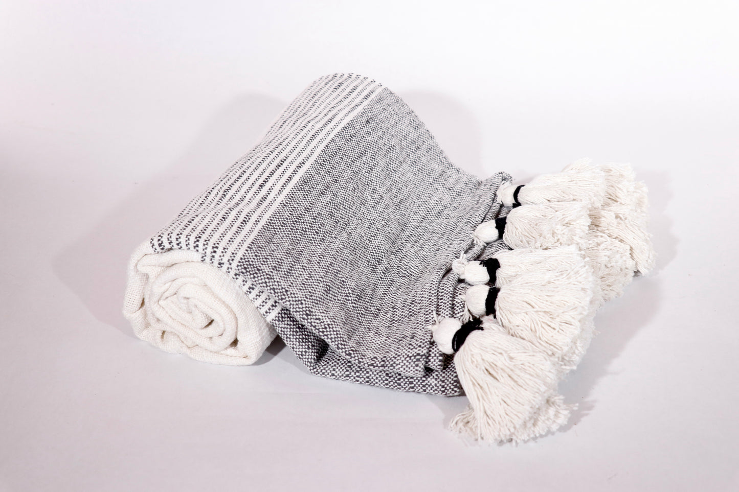 Grey and White Stripe Throw Blanket With Large Tasseled Edges