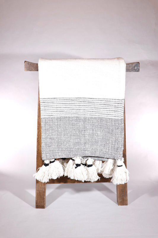 Grey and White Stripe Throw Blanket With Large Tasseled Edges