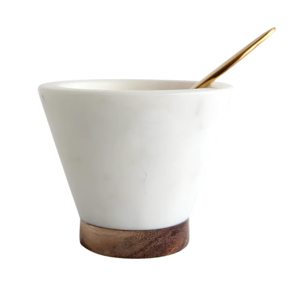 Marble & Mango Wood Pinch Pot w/ Brass Spoon, Set of 2 - Twelve 28 Market