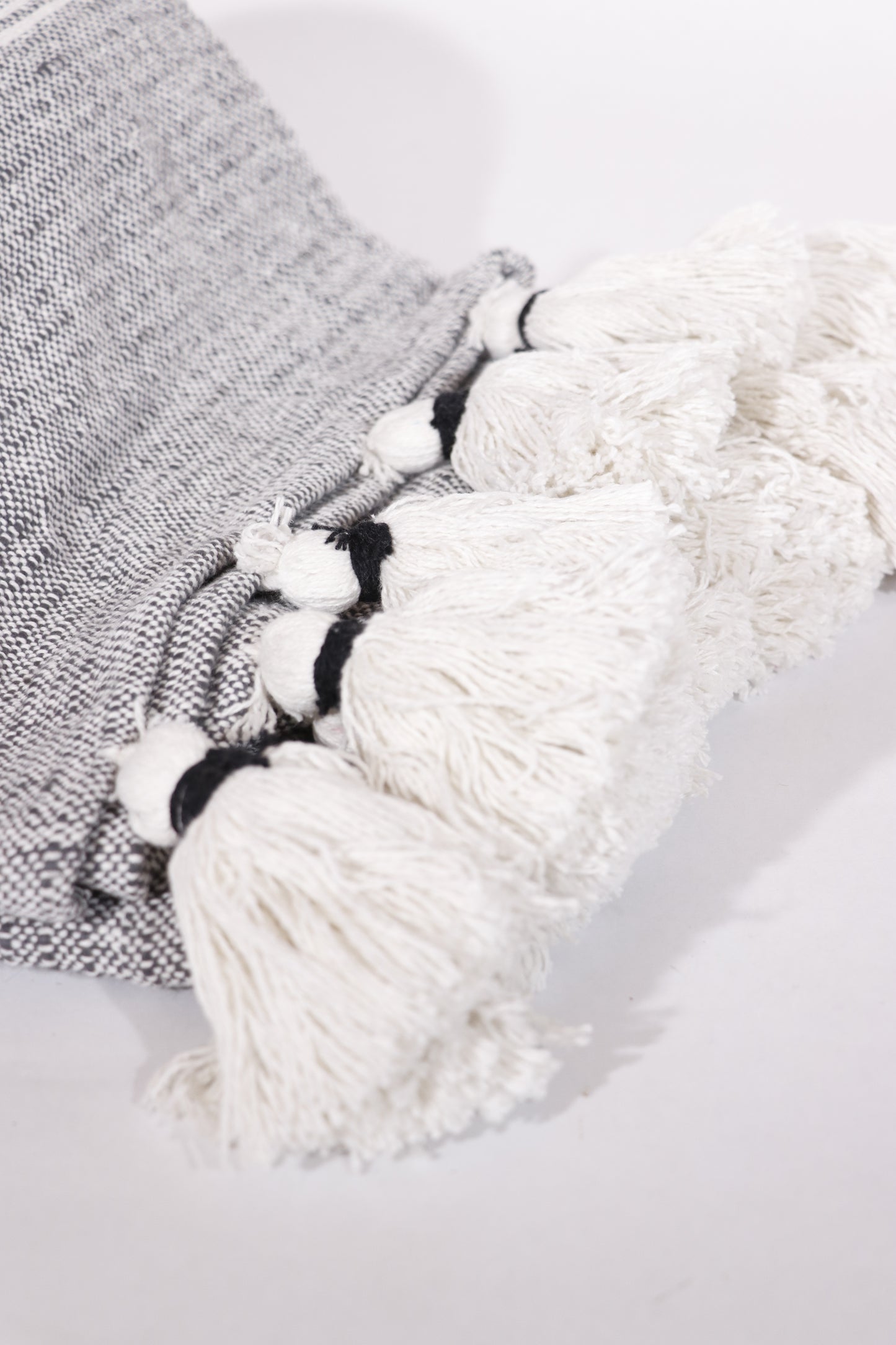 Grey and White Stripe Throw Blanket With Large Tasseled Edges