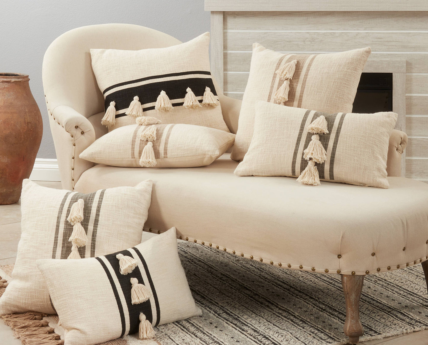 Striped Tassel Pillow: Grey / Down Filled / 12"x20"