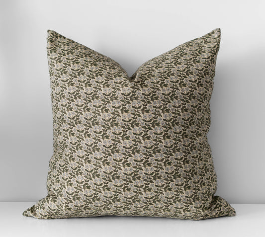 Serene Pillow Cover | Green Vintage Style Floral Throw Cover: 20” x 20” / Printed Back