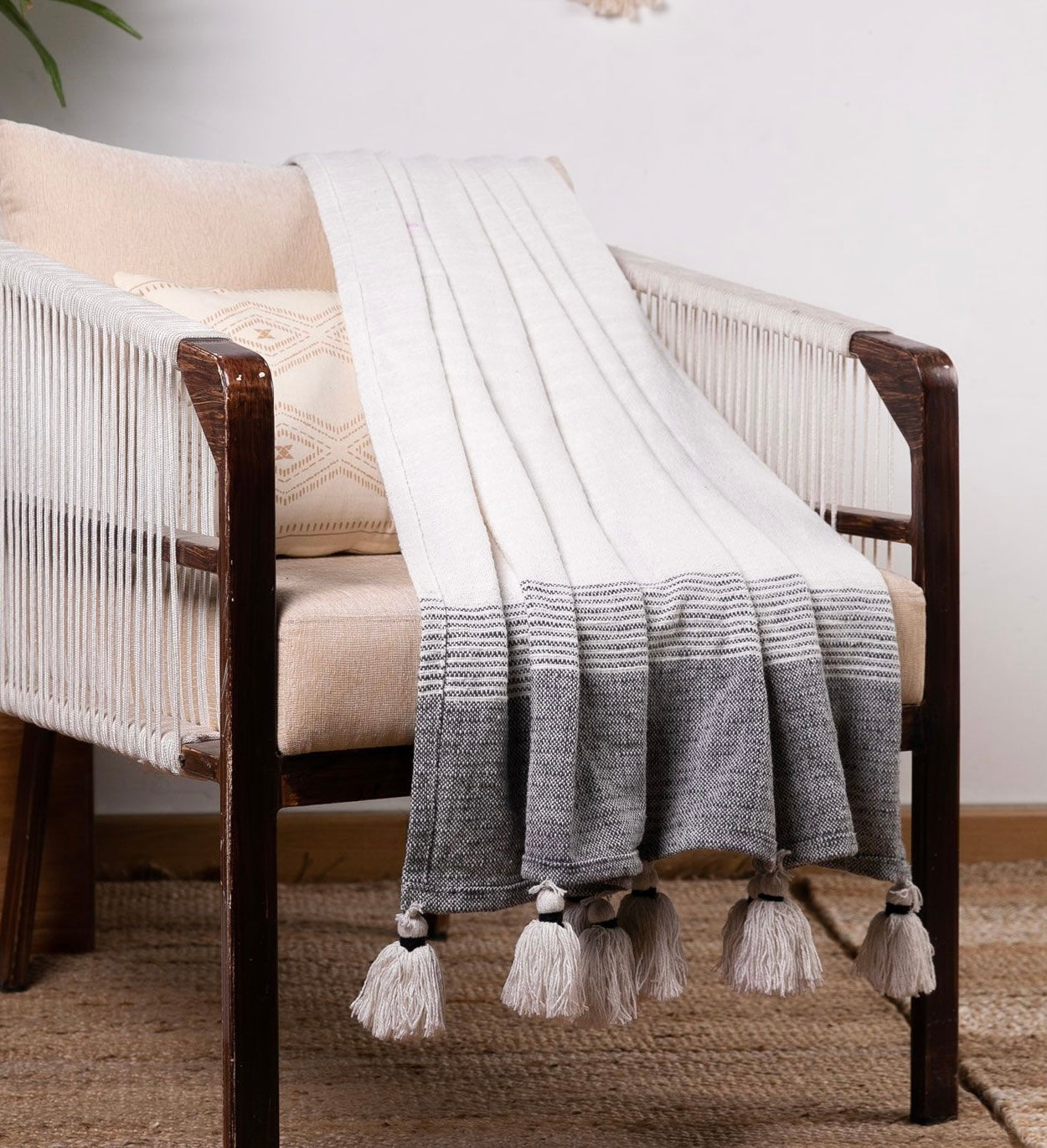 Grey and White Stripe Throw Blanket With Large Tasseled Edges