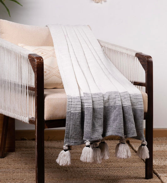 Grey and White Stripe Throw Blanket With Large Tasseled Edges