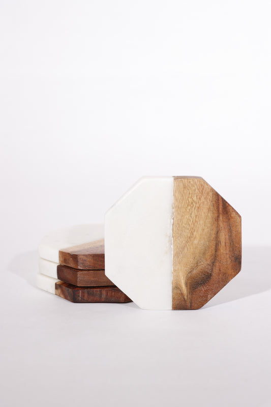 Acacia wood and white marble coaster set.