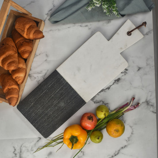 Marble Serving Board with Leather Handle, White and Black