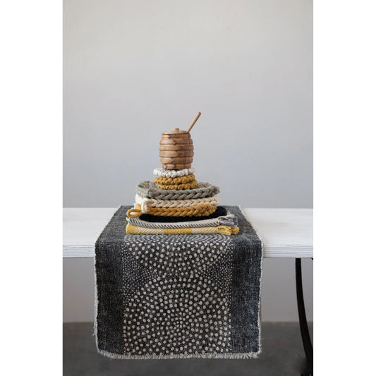 Stonewashed Cotton Canvas Table Runner with Dot Pattern and Frayed Edges - Twelve 28 Market
