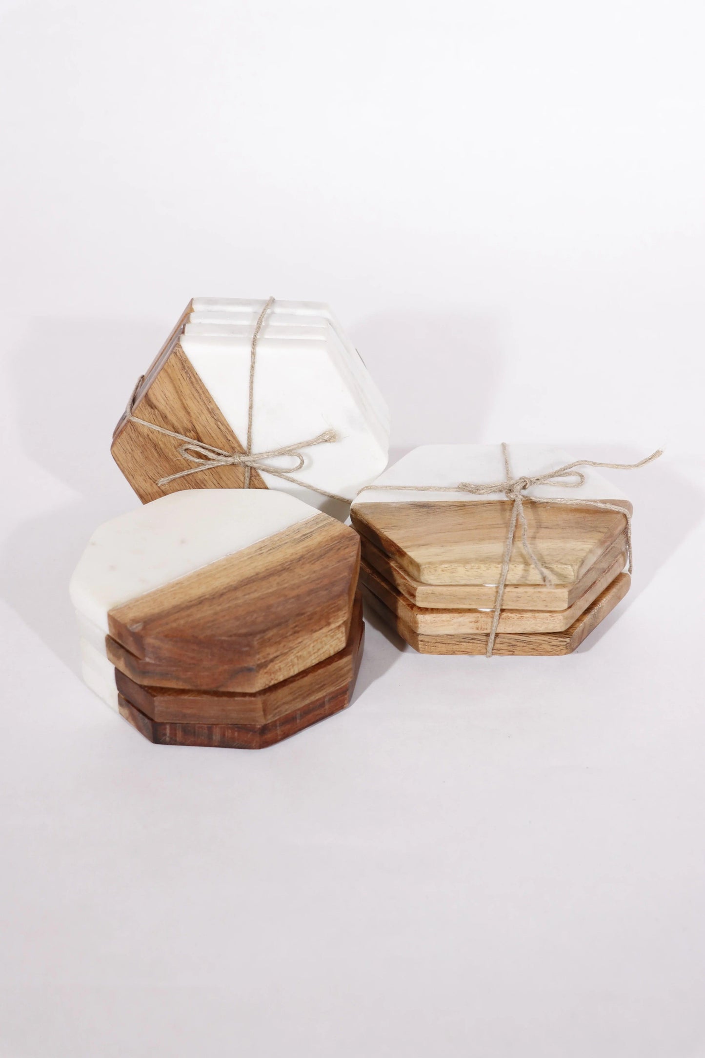Acacia Wood and White Marble Coasters, Set of 4 - Twelve 28 Market