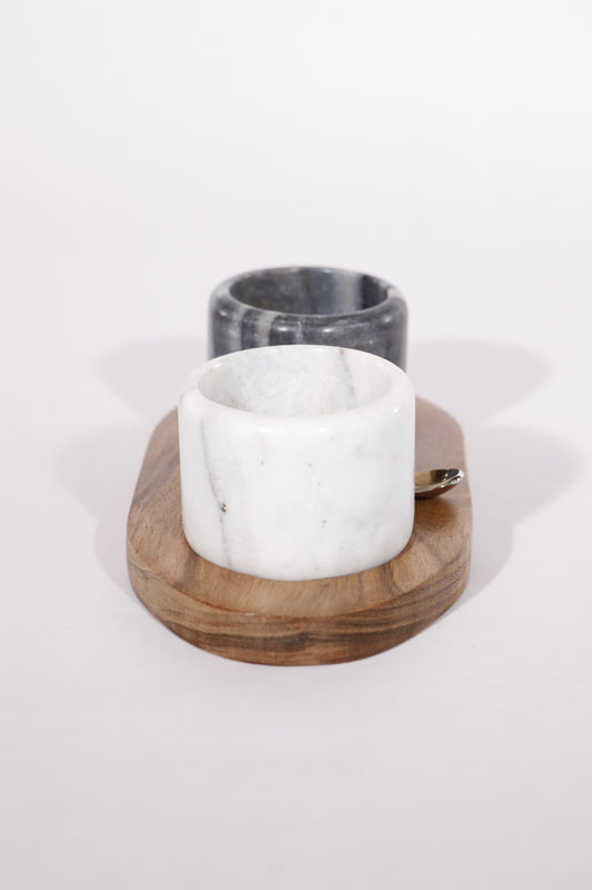 Marble Salt & Pepper Pinch Pots With Acacia Wood Base, Black and White