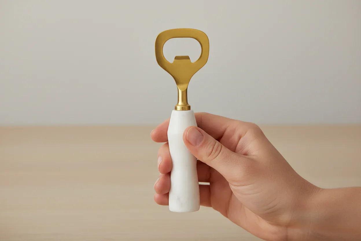 Stainless Steel & Marble Bottle Opener, Gold Finish & White - Twelve 28 Market