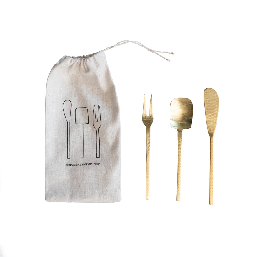 Hammered Stainless Steel Appetizer Utensils, Gold Finish, Set of 3 in Drawstring Bag