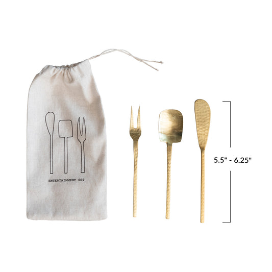 Hammered Stainless Steel Appetizer Utensils, Gold Finish, Set of 3 in Drawstring Bag
