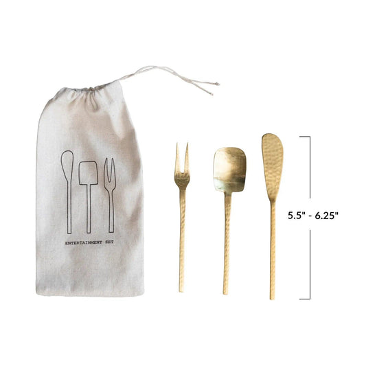 Hammered Stainless Steel Appetizer Utensils, Gold Finish, Set of 3 in Drawstring Bag - Twelve 28 Market