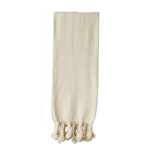 Throw with Braided Pom Pom Tassels, Cream