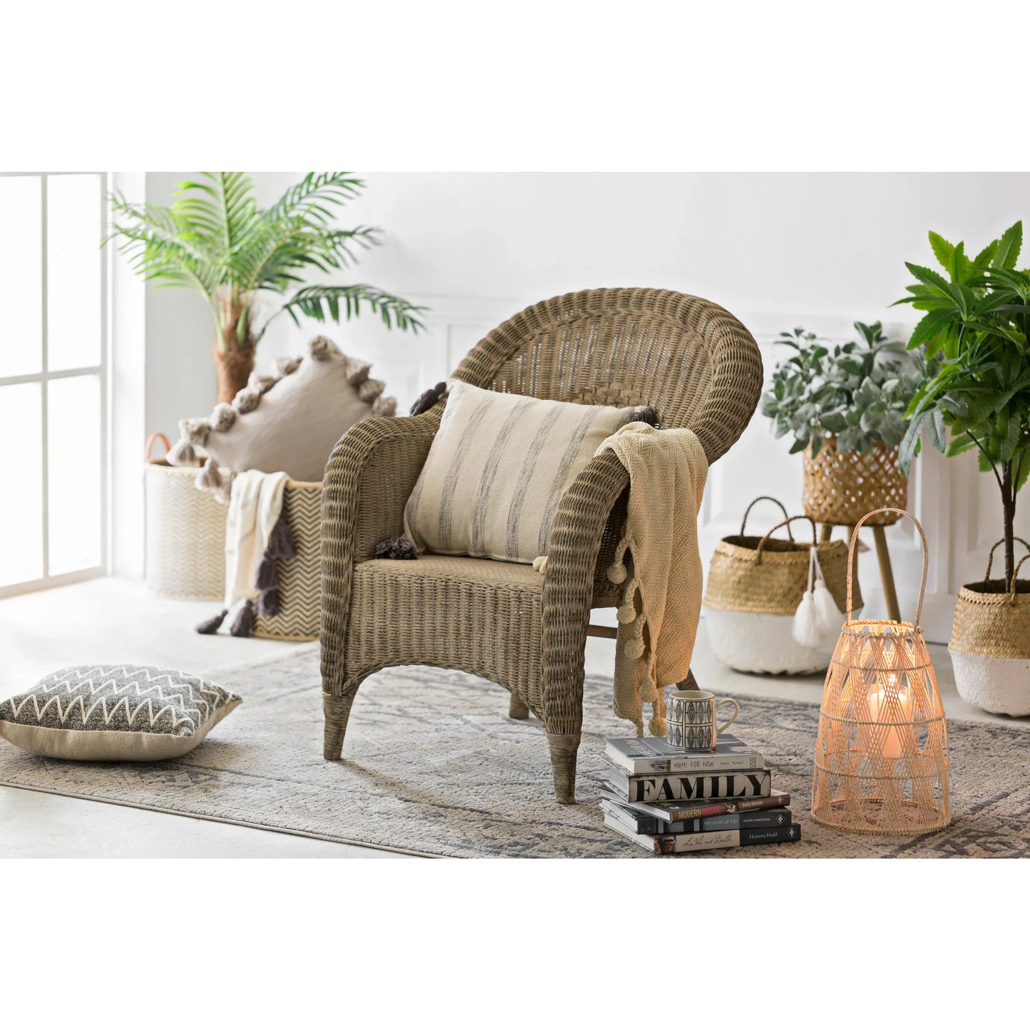 Throw with Braided Pom Pom Tassels, Cream - Twelve 28 Market