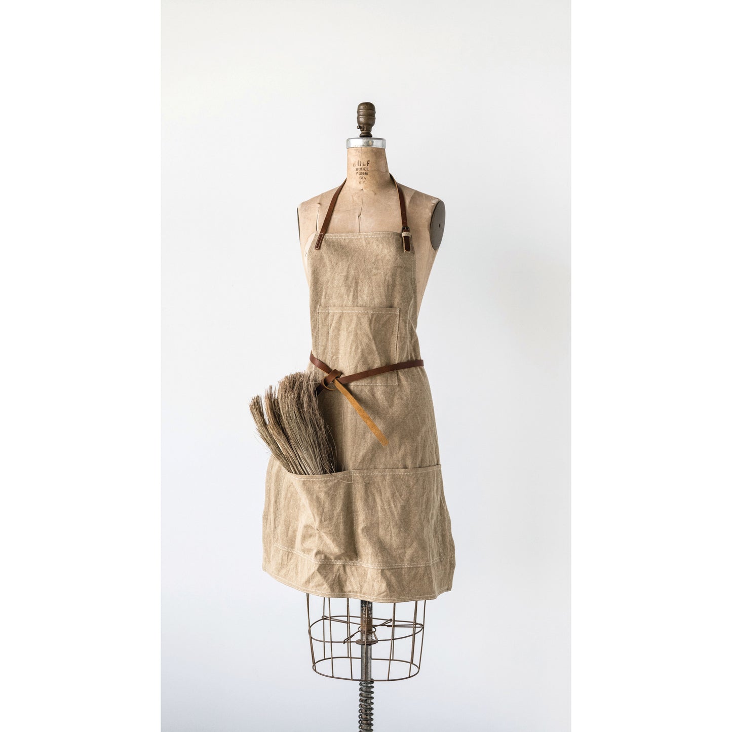 Cotton Canvas Apron with Pockets and Leather Ties
