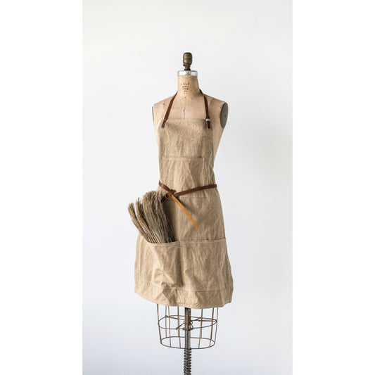 Cotton Canvas Apron with Pockets and Leather Ties
