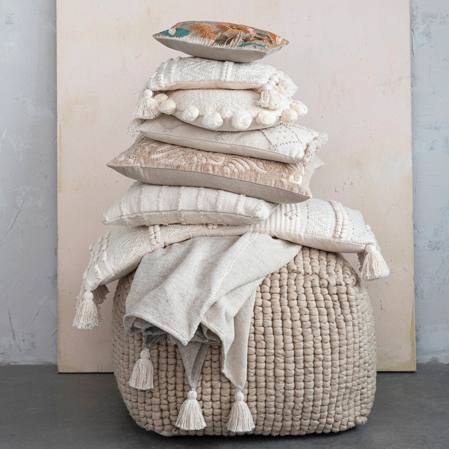 Woven Wool Blend Patchwork Throw With Tassels, Grey, 60”L x 50”W