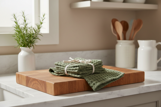 Stonewashed Cotton Waffle Weave Dish Cloths, Olive Green, Set of 3