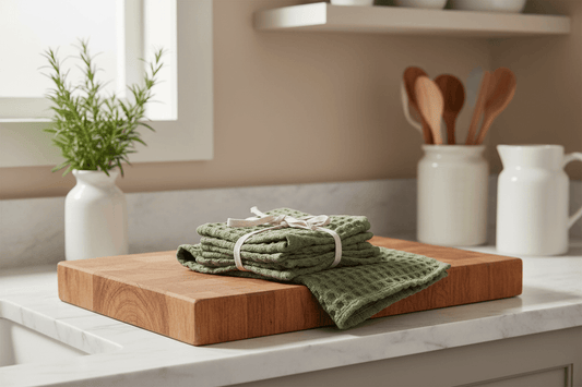 Stonewashed Cotton Waffle Weave Dish Cloths, Olive Green, Set of 3