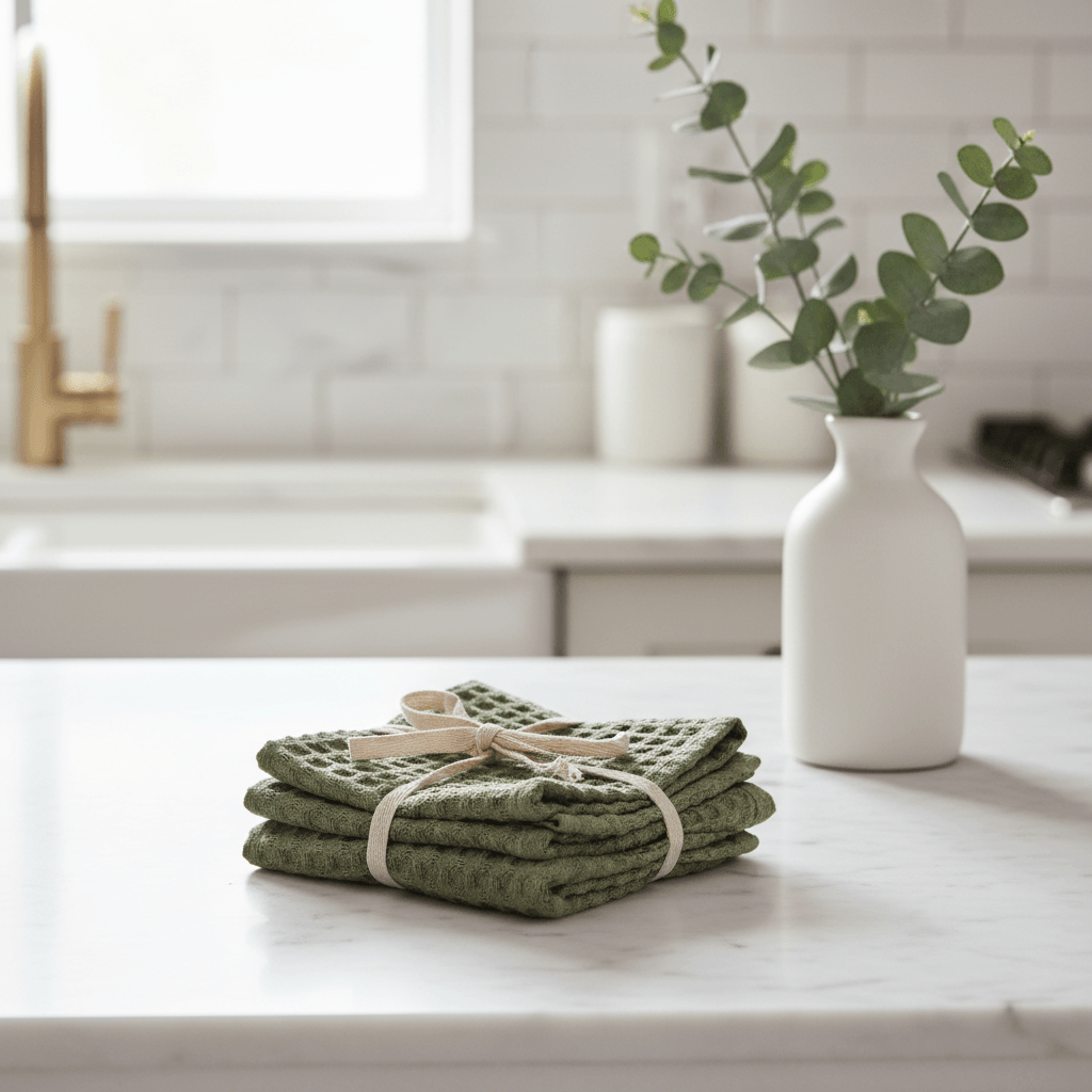 Stonewashed Cotton Waffle Weave Dish Cloths, Olive Green, Set of 3