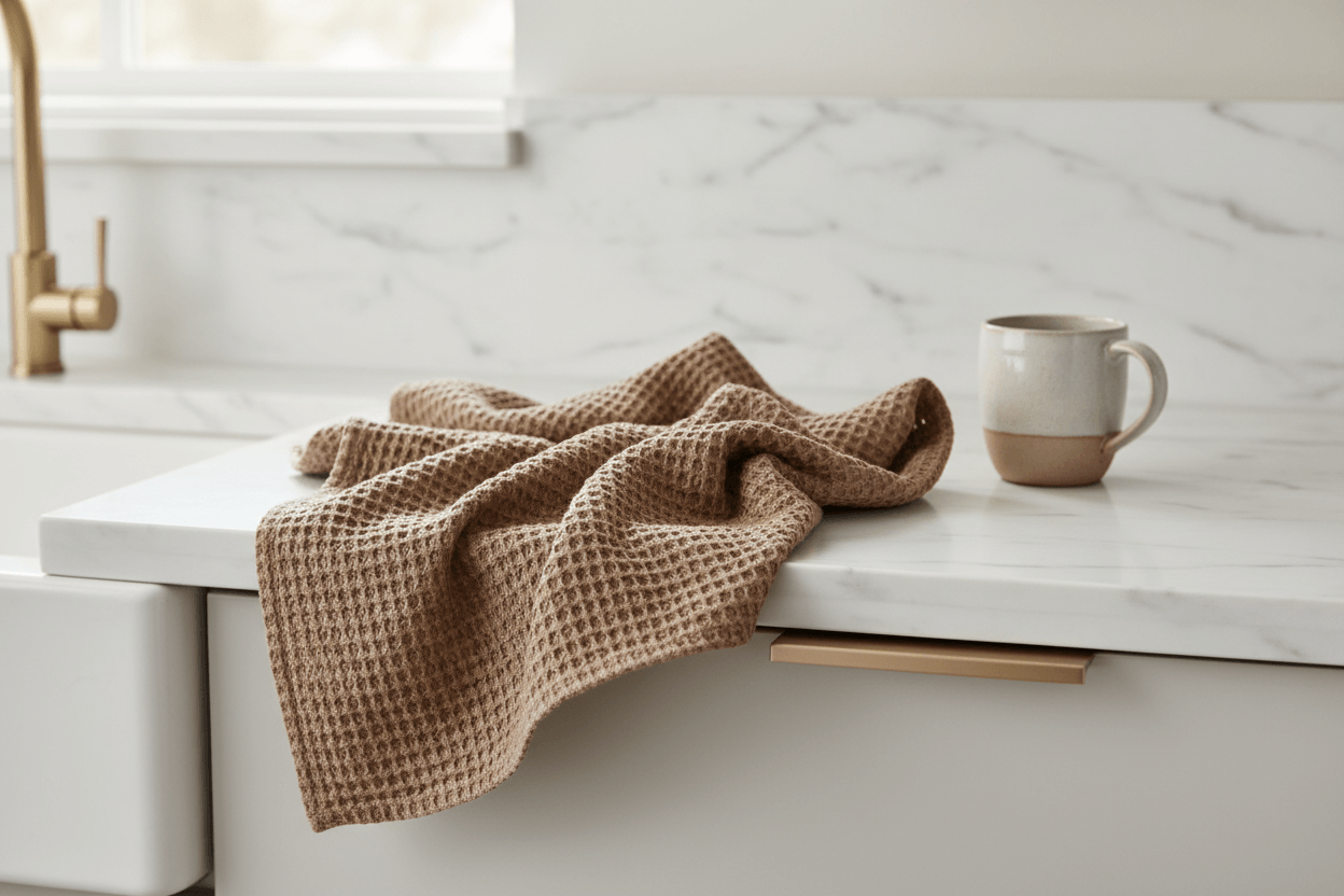 Stonewashed Cotton Waffle Weave Tea Towel, Camel Color