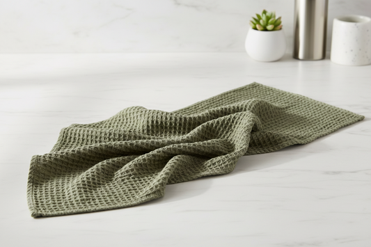 Stonewashed Cotton Waffle Weave Tea Towel, Olive Green