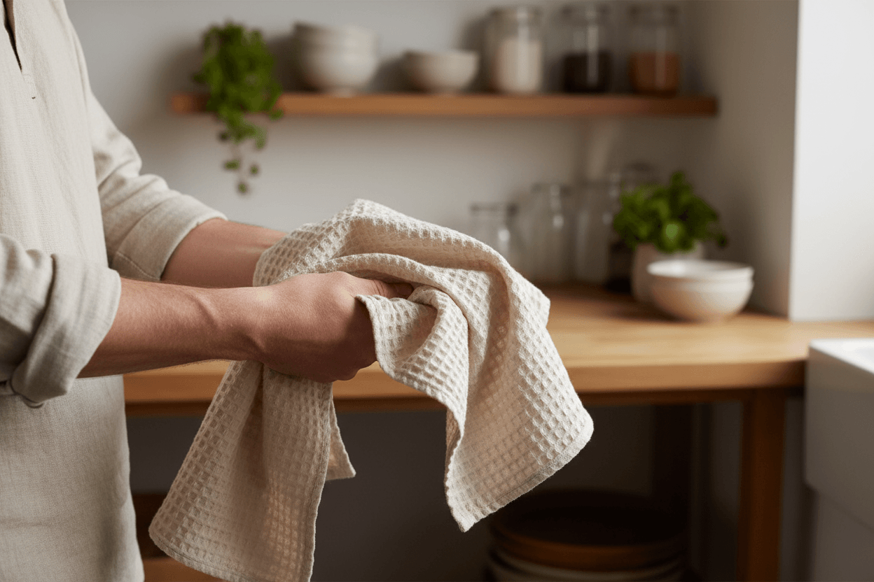 Stonewashed Cotton Waffle Weave Tea Towel, Natural