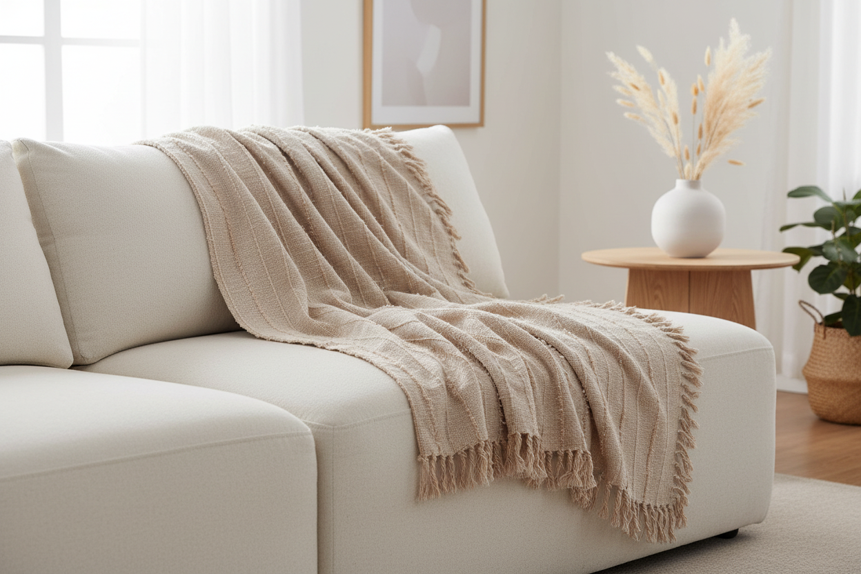 Stonewashed Woven Cotton Slub Throw, Camel