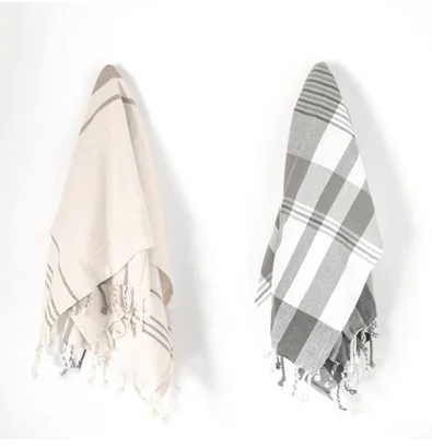Multi Stripe Grey Fringed Kitchen Hand Towel Set of 2