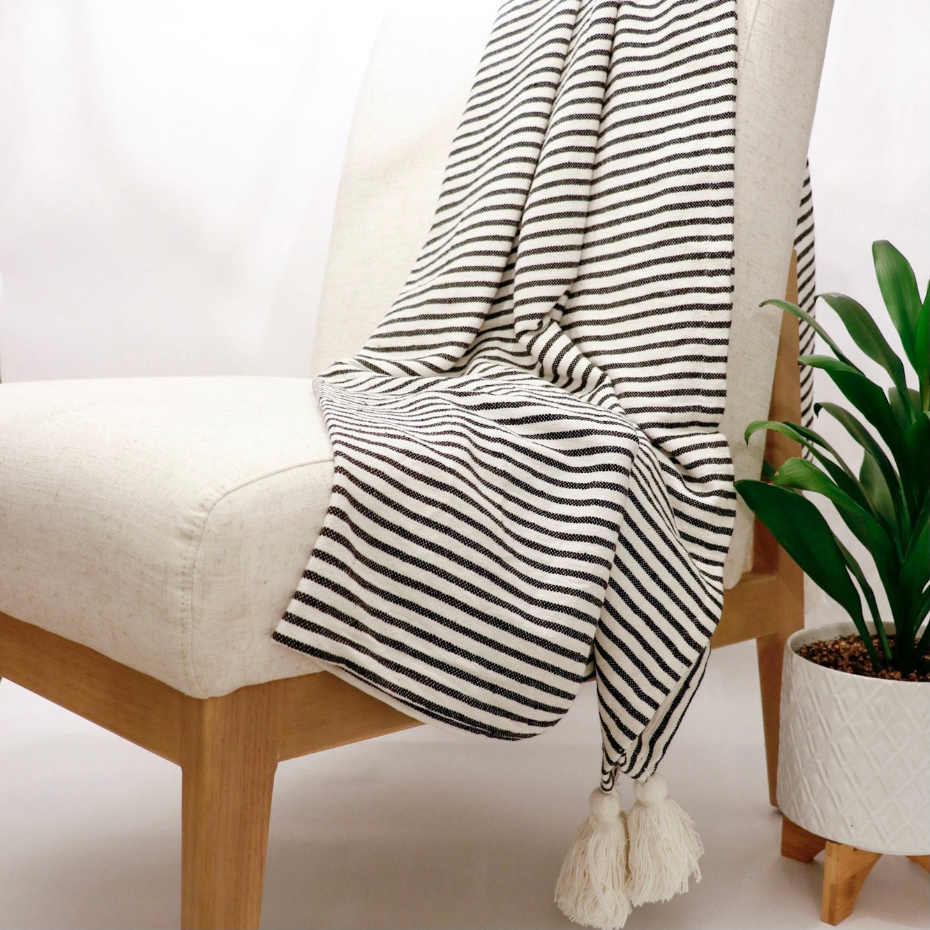 Black and Ivory Striped Tasseled Throw Blanket