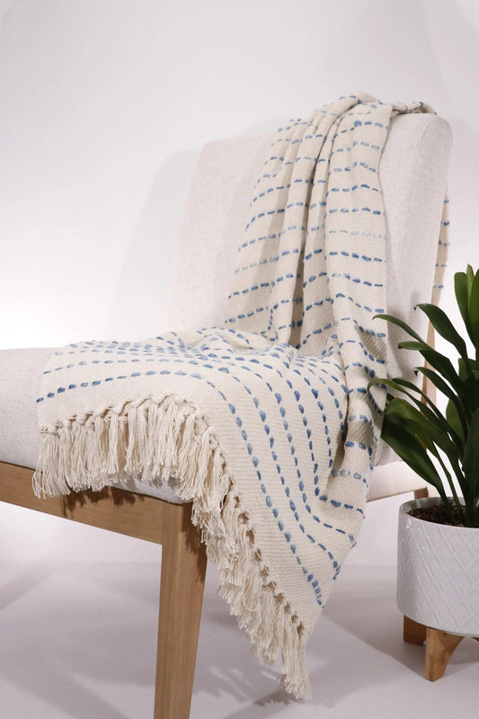 Oceanic Interwoven Cream and Blue Throw Blanket - Twelve 28 Market