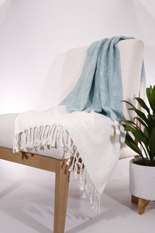 Shiboria Blue and White Ombré Tasseled Throw Blanket