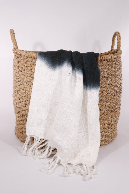 Shibori Slab Black and Ivory Tasseled Throw Blanket