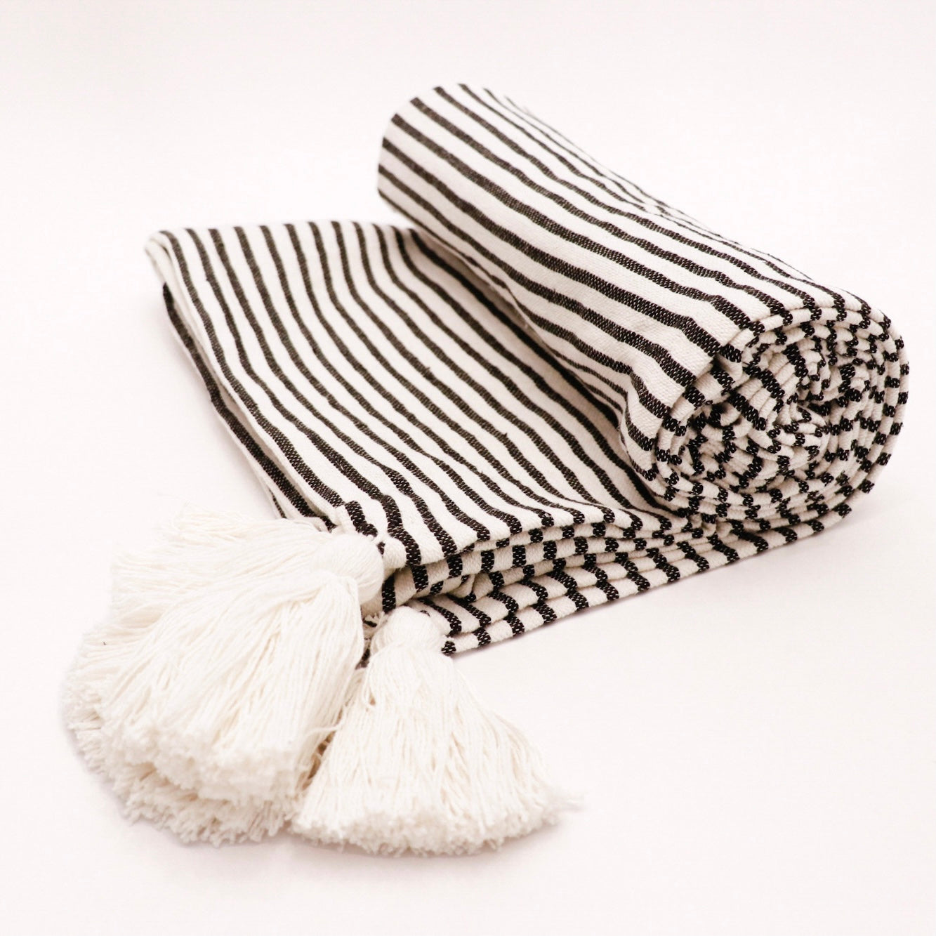 Black and Ivory Striped Tasseled Throw Blanket
