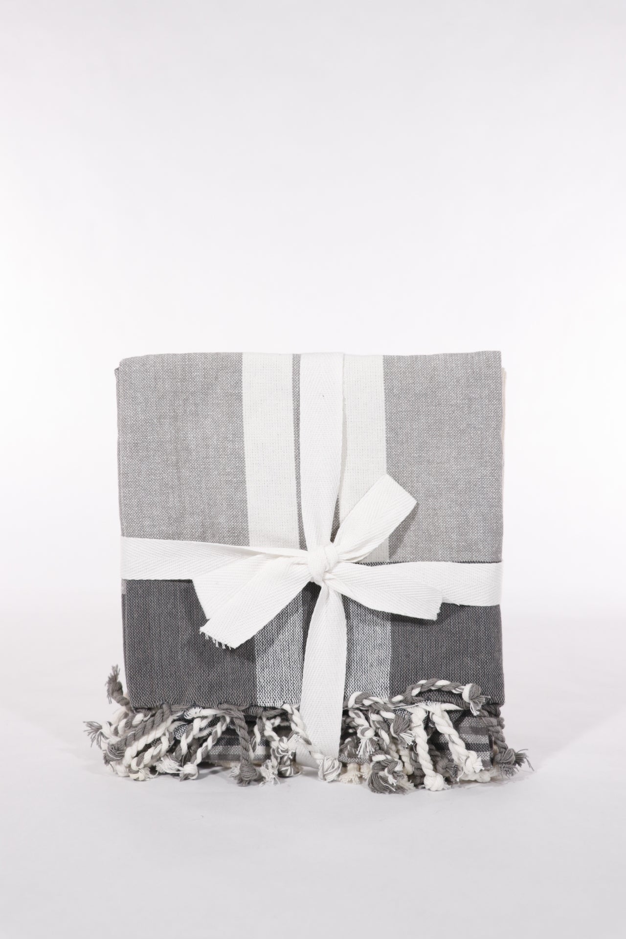 Multi Stripe Grey Fringed Kitchen Hand Towel Set of 2