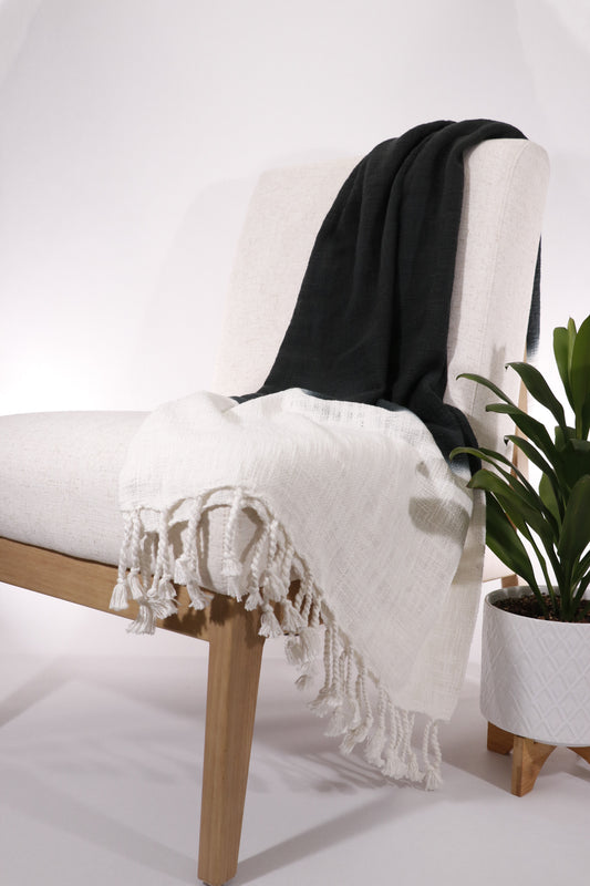Shibori Slab Black and Ivory Tasseled Throw Blanket