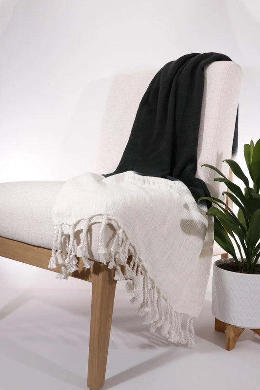 Shibori Slab Black and Ivory Tasseled Throw Blanket - Twelve 28 Market