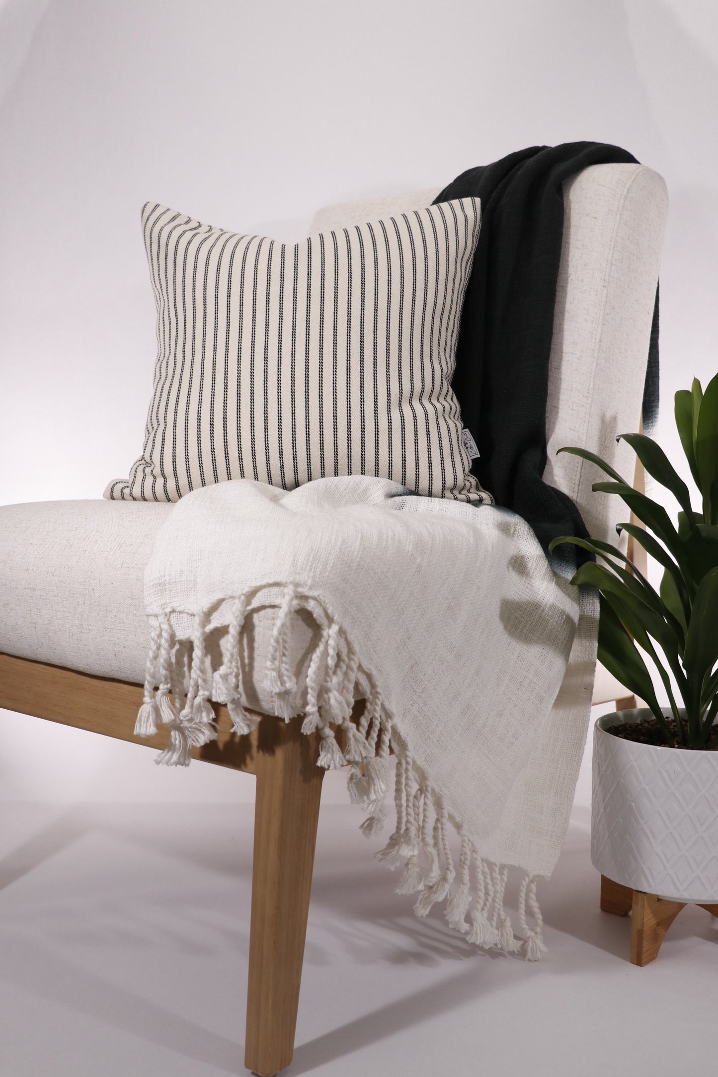 Shibori Slab Black and Ivory Tasseled Throw Blanket