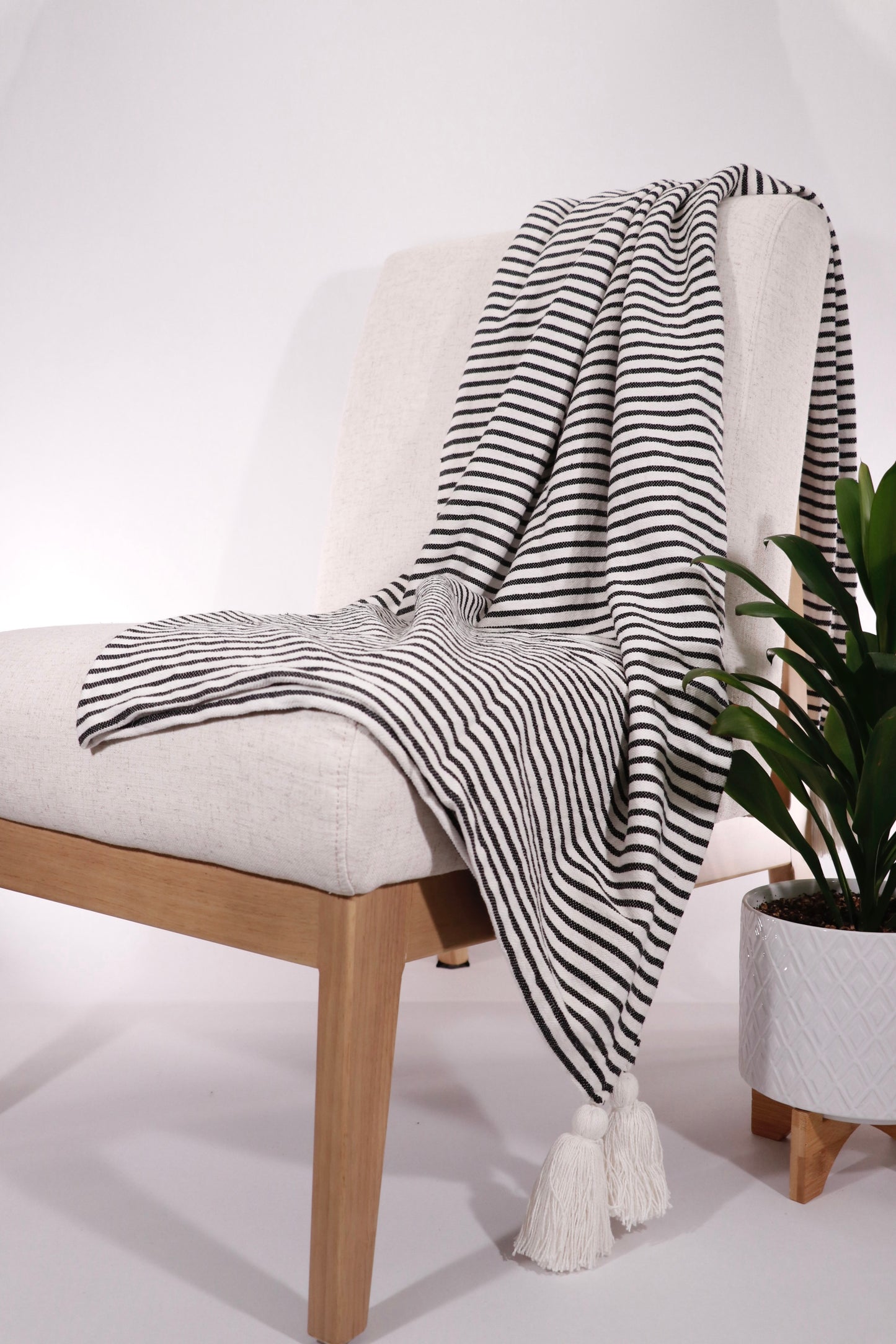 Black and Ivory Striped Tasseled Throw Blanket