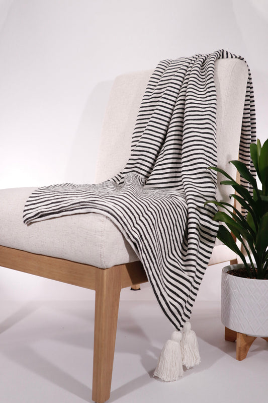 Black and Ivory Striped Tasseled Throw Blanket