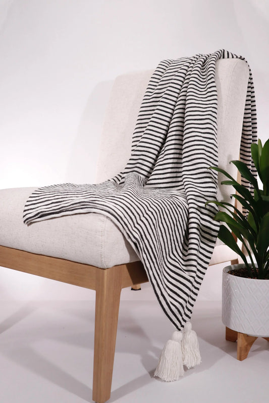 Black and Ivory Striped Tasseled Throw Blanket - Twelve 28 Market