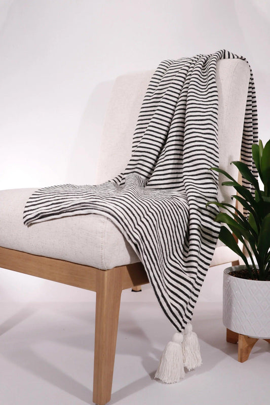Black and Ivory Striped Tasseled Throw Blanket - Twelve 28 Market