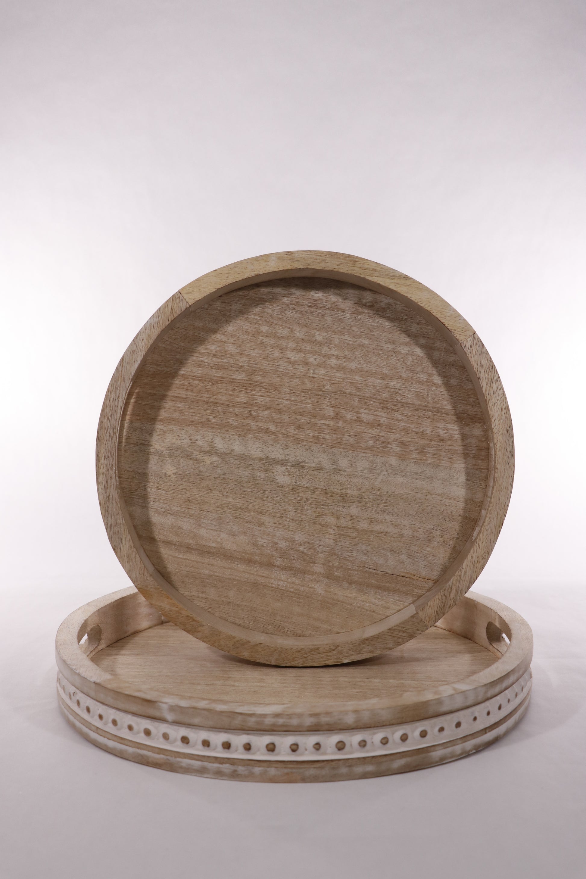 Round wood serving trays, set of two
