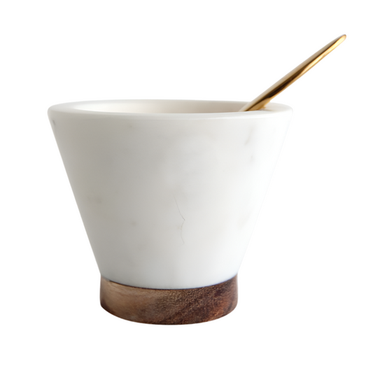 Marble & Mango Wood Pinch Pot w/ Brass Spoon, Set of 2