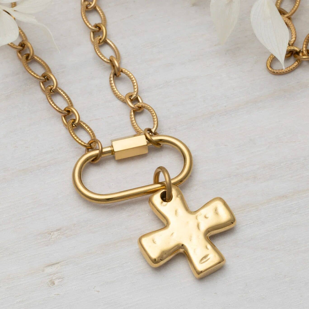 18K Gold PVD Stainless Steel Textured Gold Cross Charm: Gold