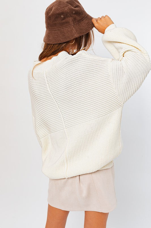 Back view of white ribbed knit sweater.