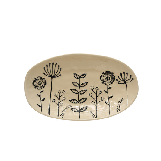 Hand-Painted Stoneware Platter with Embossed Flowers