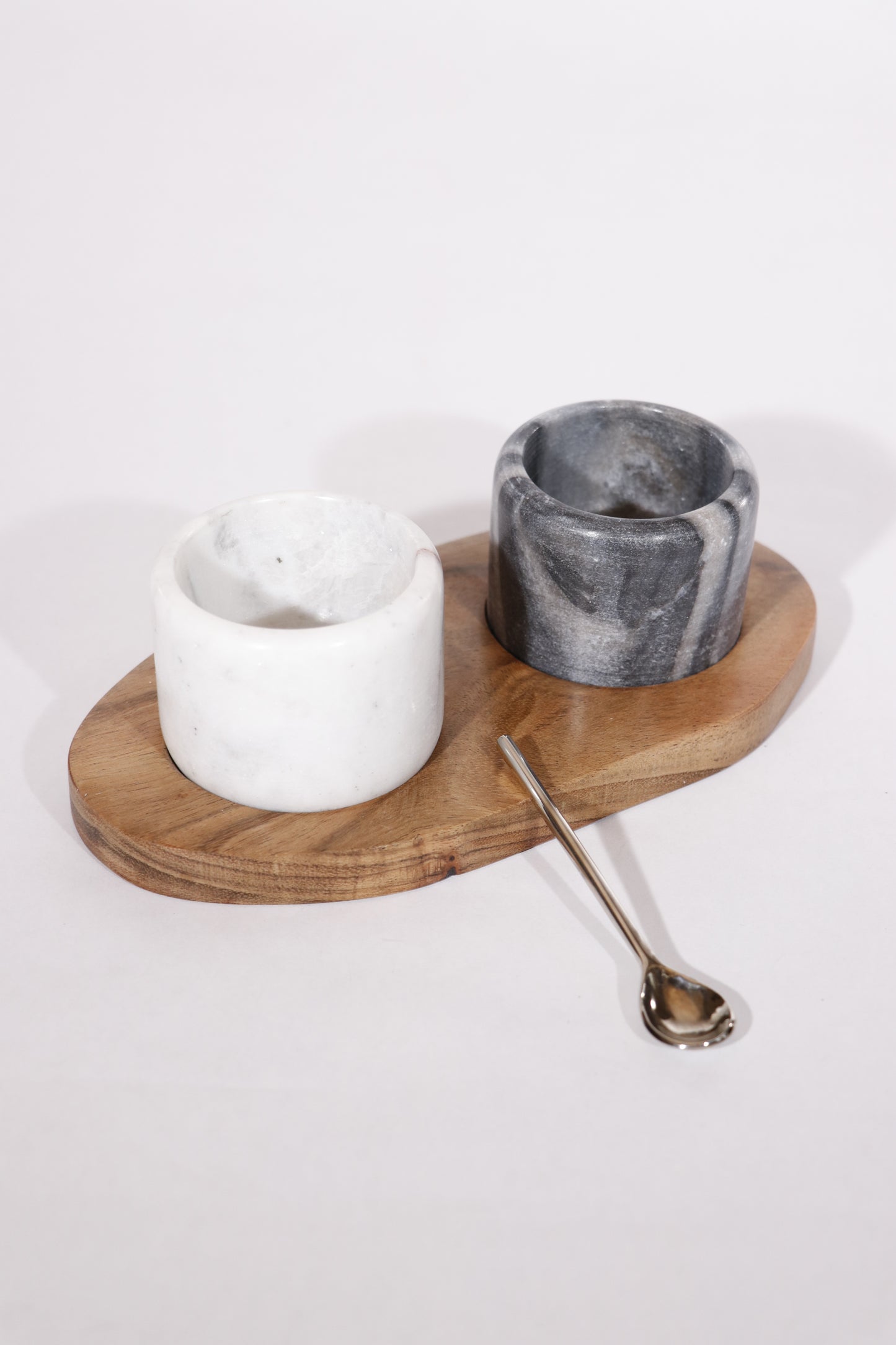 Marble and Acacia Wood Salt and Pepper Pinch Pots, Black and White, Set of 2