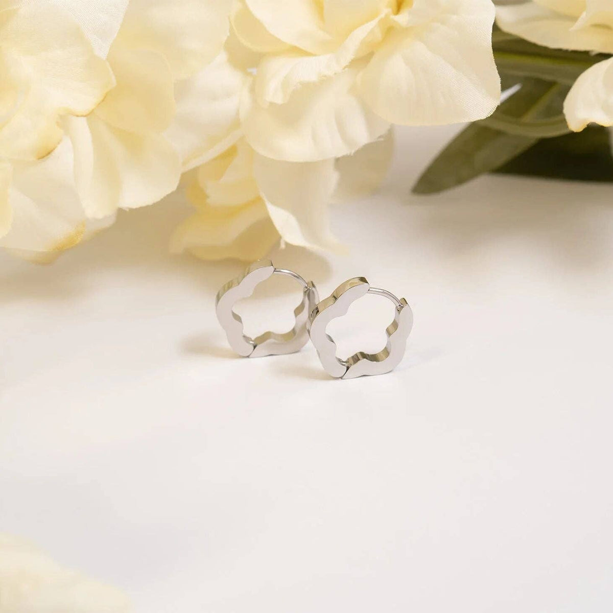 18K Gold PVD Stainless Steel Flower Huggie Earrings: Stainless